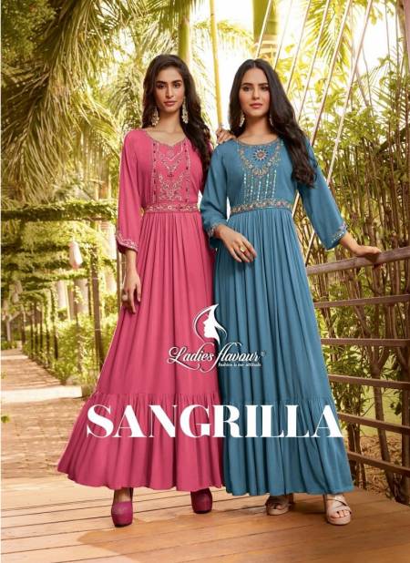 Sangrilla By Ladies Flavour Embroidery Long Party Wear Kurtis Catalog